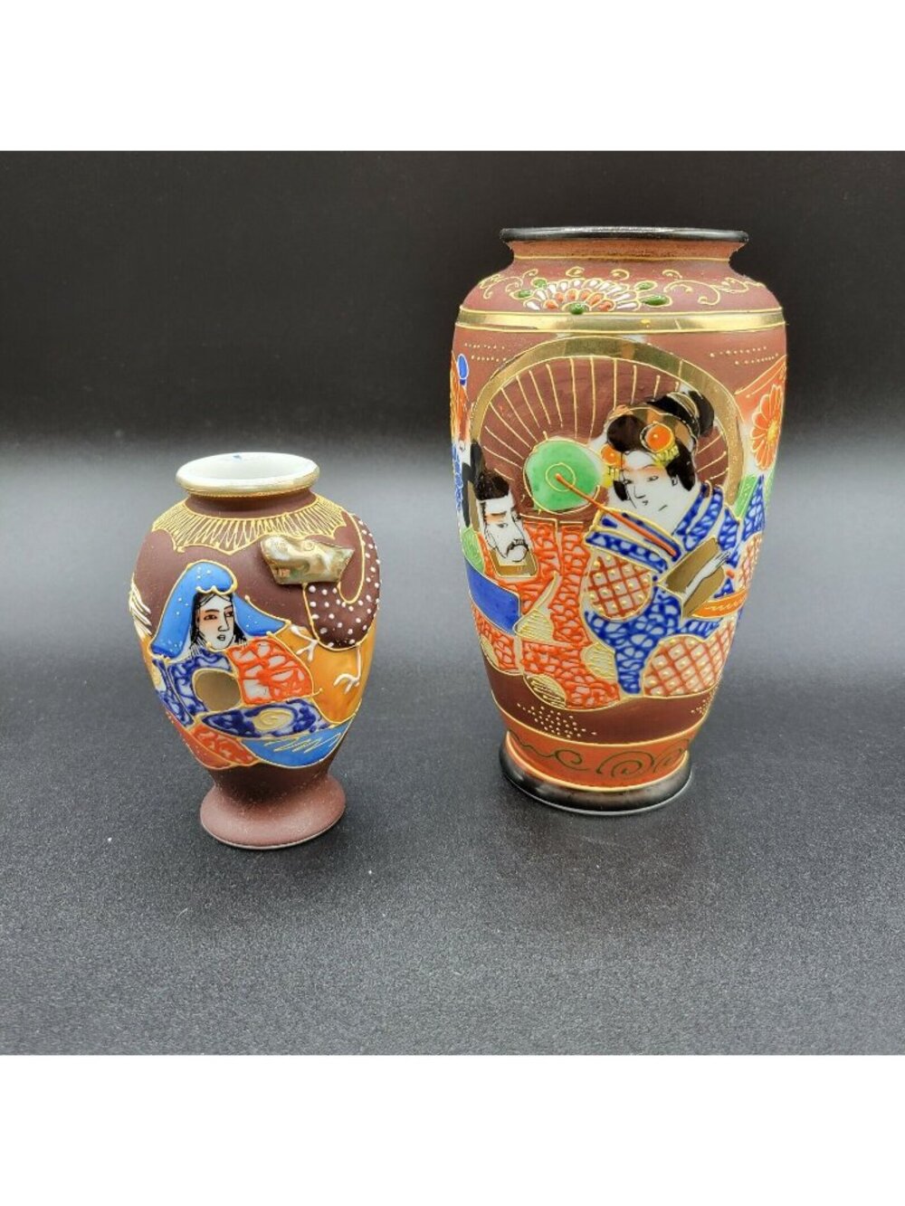 Satsuma Style Japanese Hand Painted Vases Dragon Floral Moriage Gilt Set of Two
